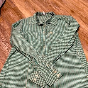 Green and white cinch button up. Like new!